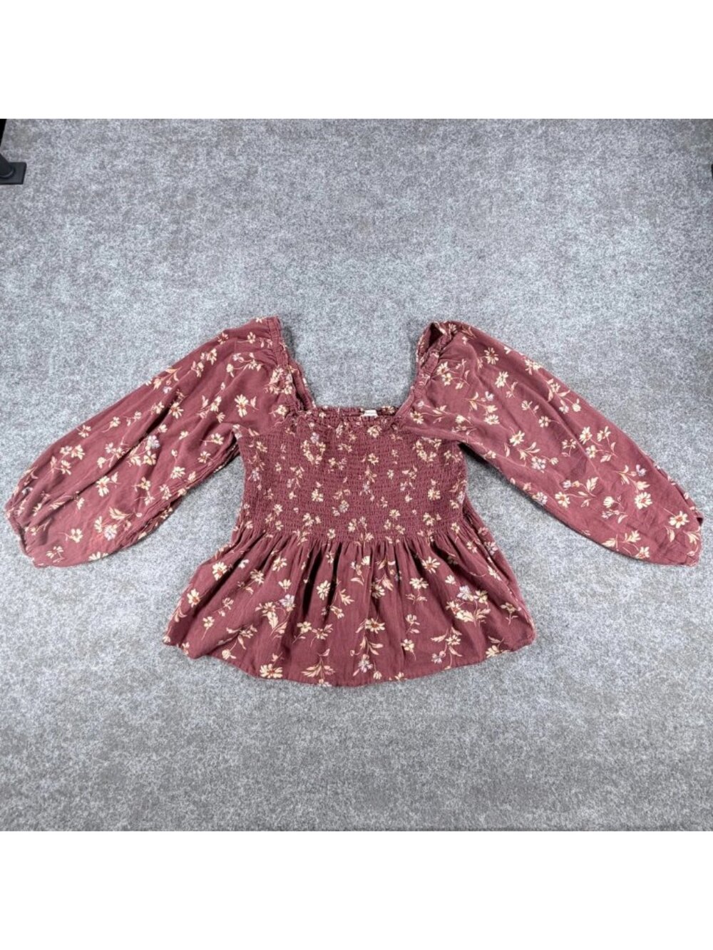 Madewell Lucie Peplum Blouse Womens 12 Dark Merlot Floral Smocked Square Neck